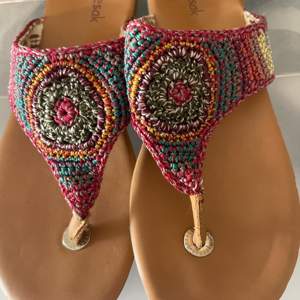 The Sak Multicolor Crochet Thong Sandals - Pink, Green, Turquoise